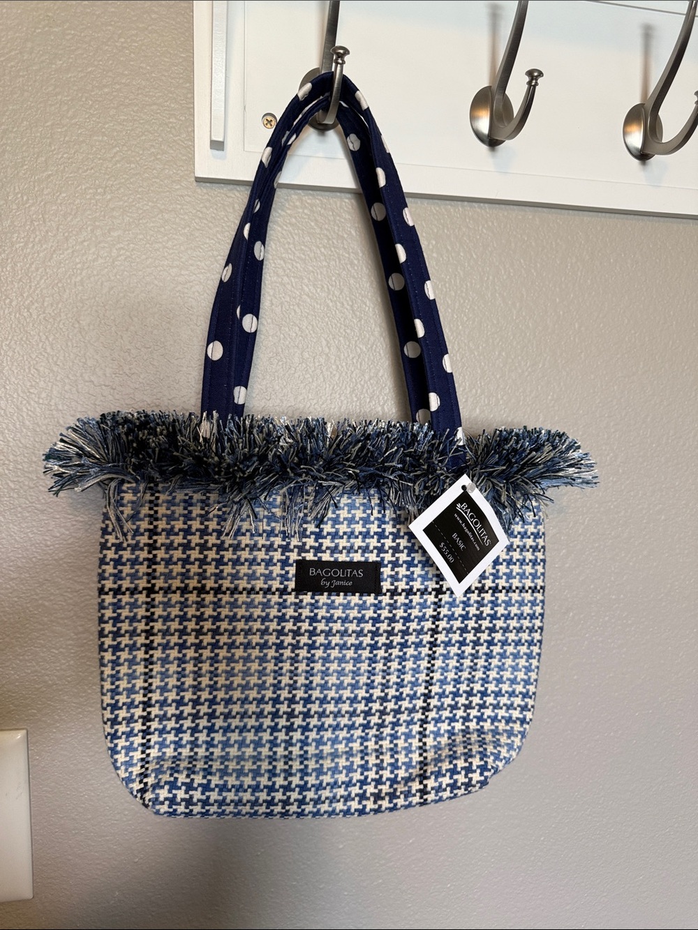 Blue & White Houndstooth Fringe Mini Tote
